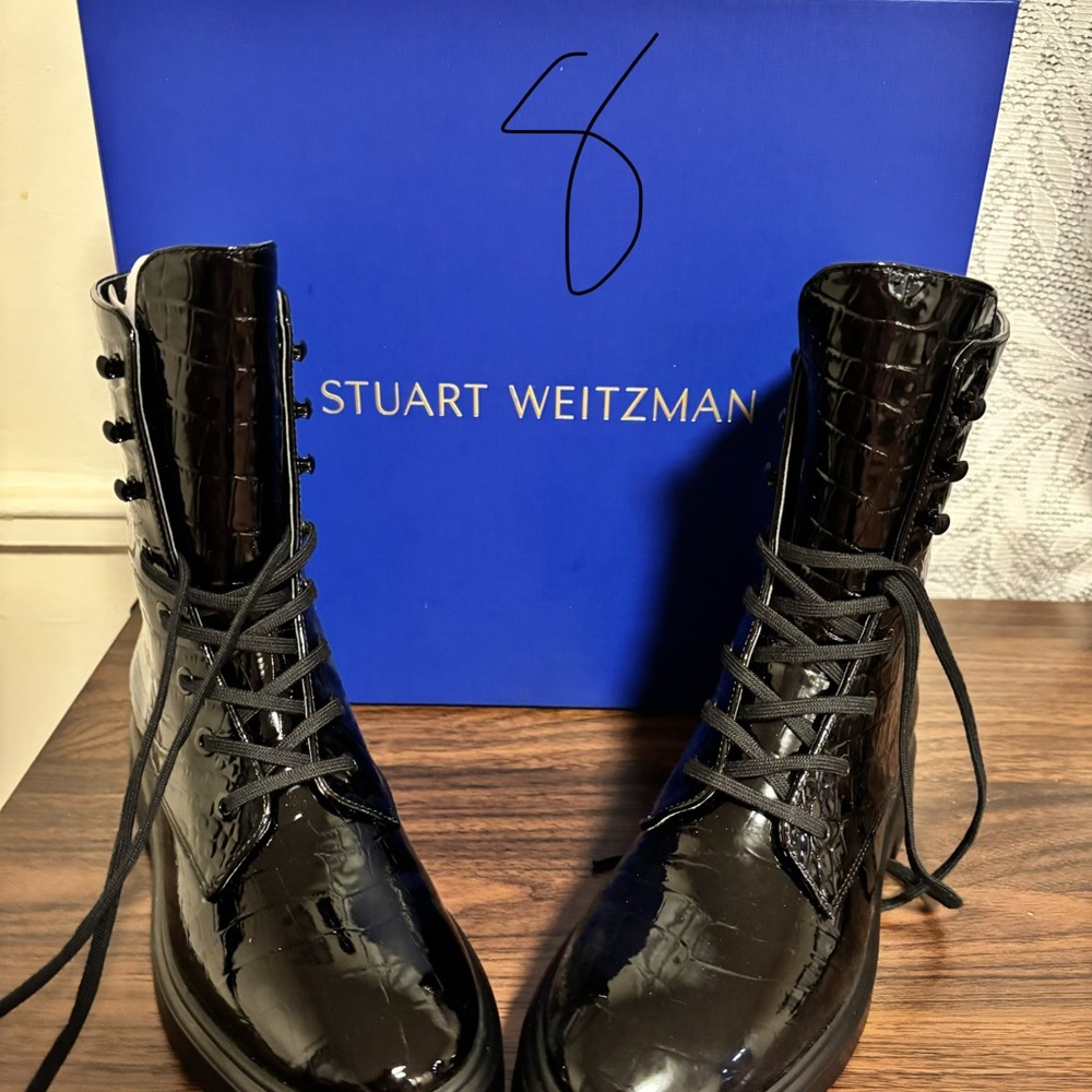 Stuart Weitzman Glossy Black Lace-Up Boots - New With Box